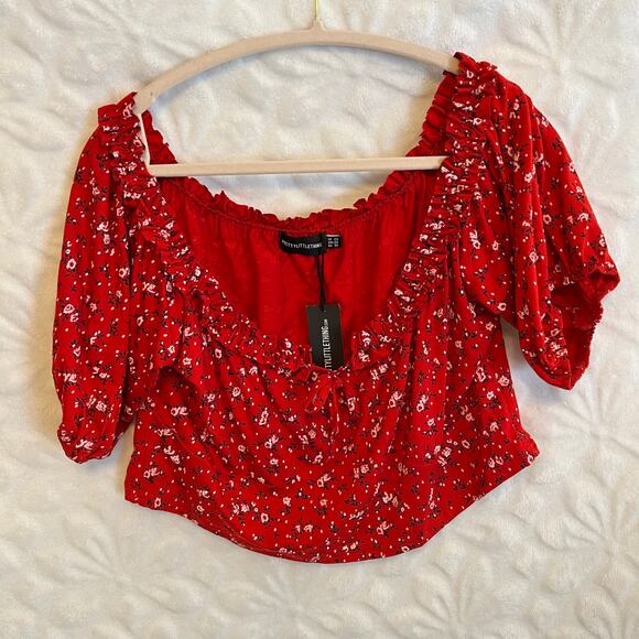 NEW Pretty Little thing plus red floral cropped low boat neck top NWT size US 20 - Picture 1 of 5